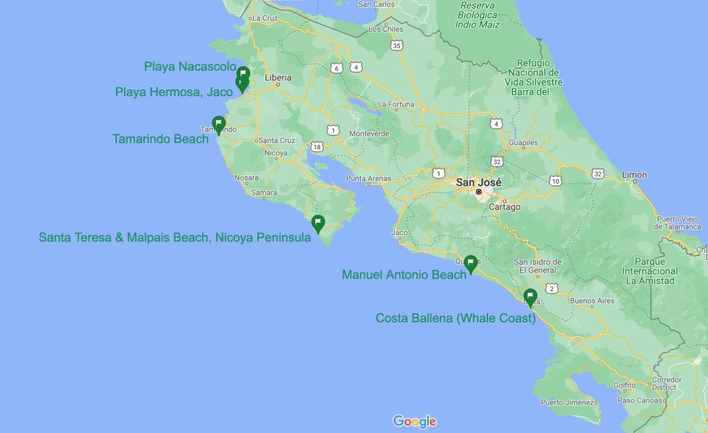 bästa stränderna i costa rica KARTA