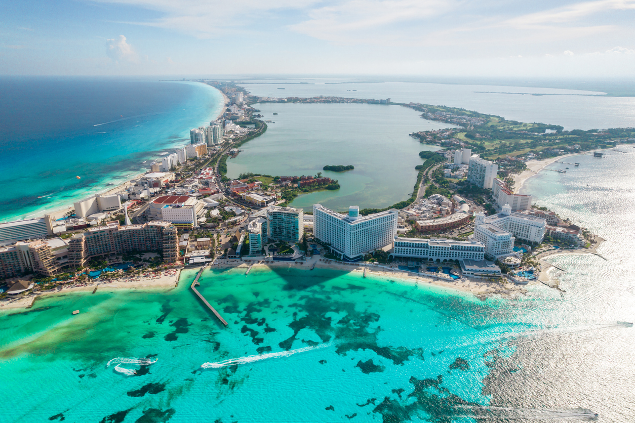 Aerial panoramic view of Cancun city hotel zone in Mexico