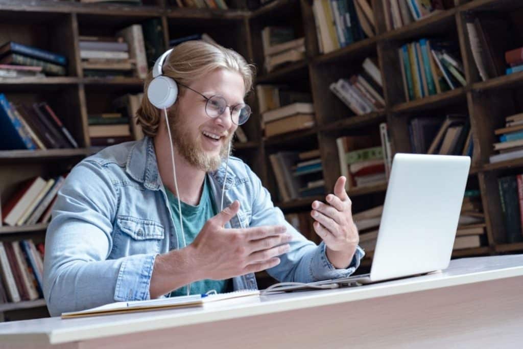 english teacher working remotely from library