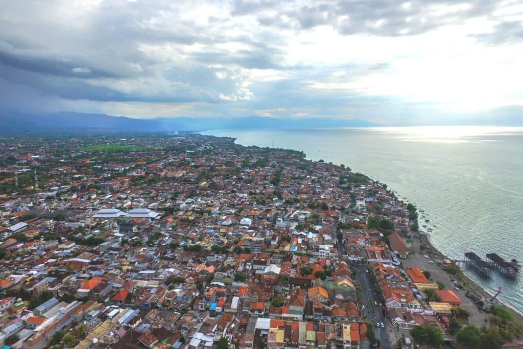 Aerial drone view of Singaraja city, Buleleng