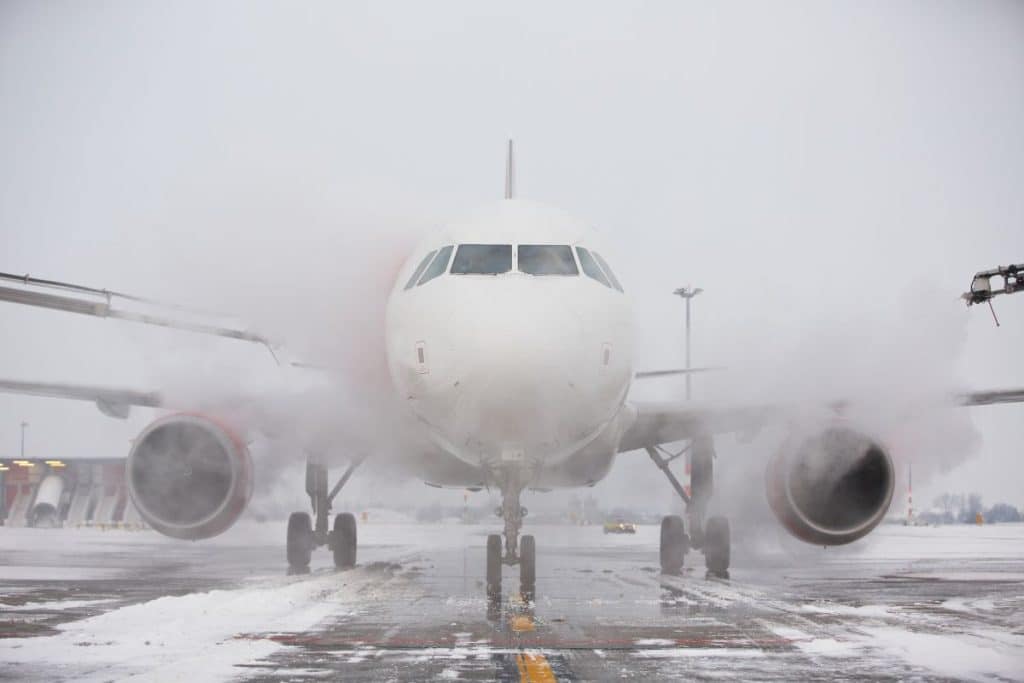 airplane in winter storm